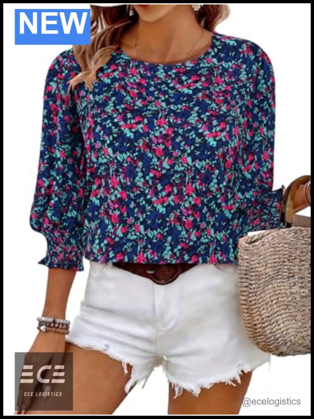 Womens 3/4 Sleeve Blouse 100% Polyester Floral Boho Casual Work Top